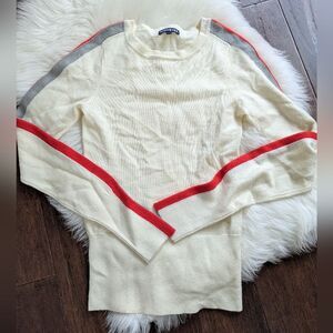Movetes Wool Blend Cream Long Sleeve Sweater Red Gray Stripes XXS